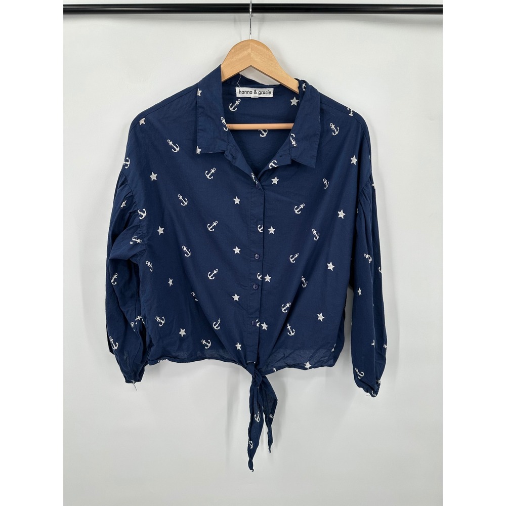 Hanna & Gracie Shirt Womens L Nautical Anchors Front Tie Summer Preppy Boho